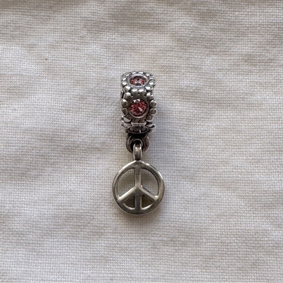 PANDORA CHARM | PEACE SIGN | DANGLE | PINK STONES | STERLING SILVER | 925 ALE - Picture 2 of 5
